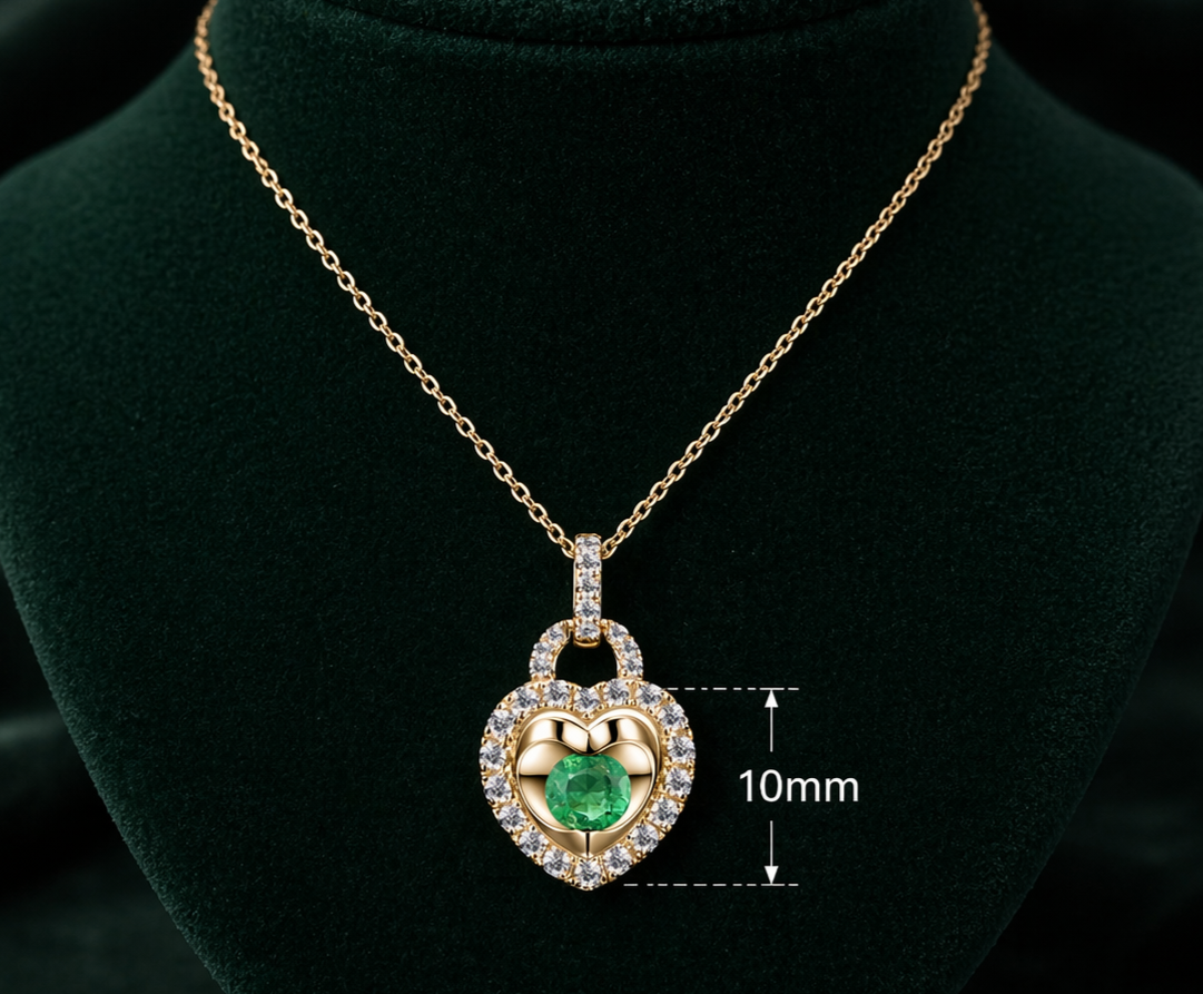 Emerald Heart Necklace With Diamond Solid Yellow Gold 18" 46cm Length Chain