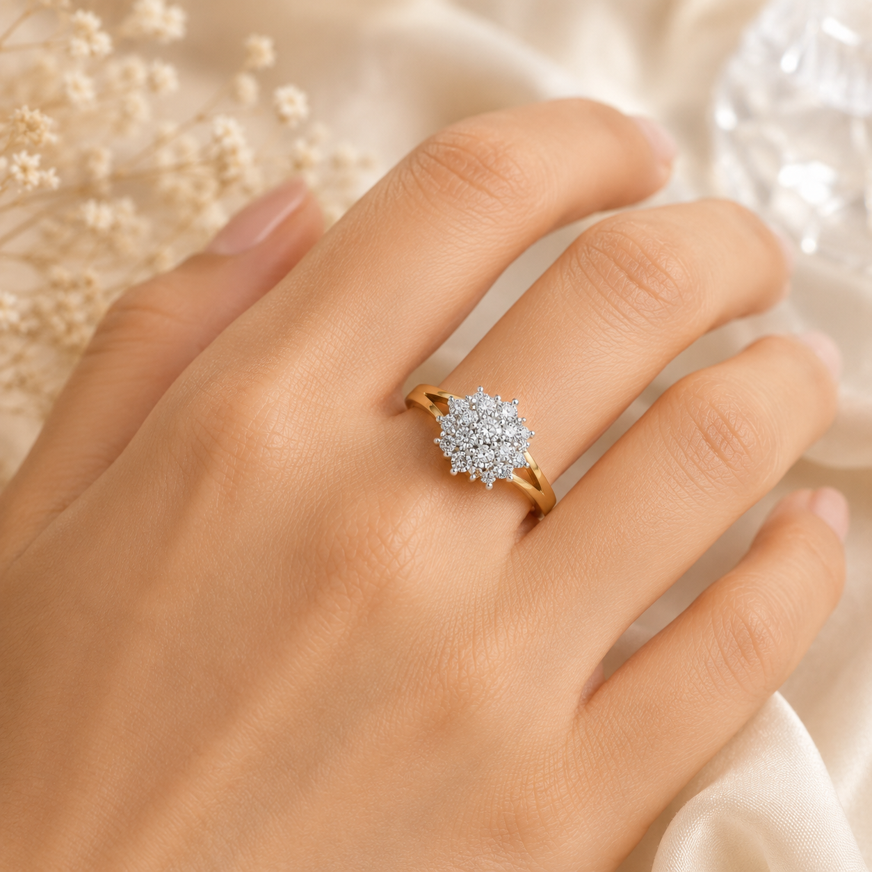 Elegant Zircon Cluster Ring in 18ct Yellow Gold on Solid Sterling Silver