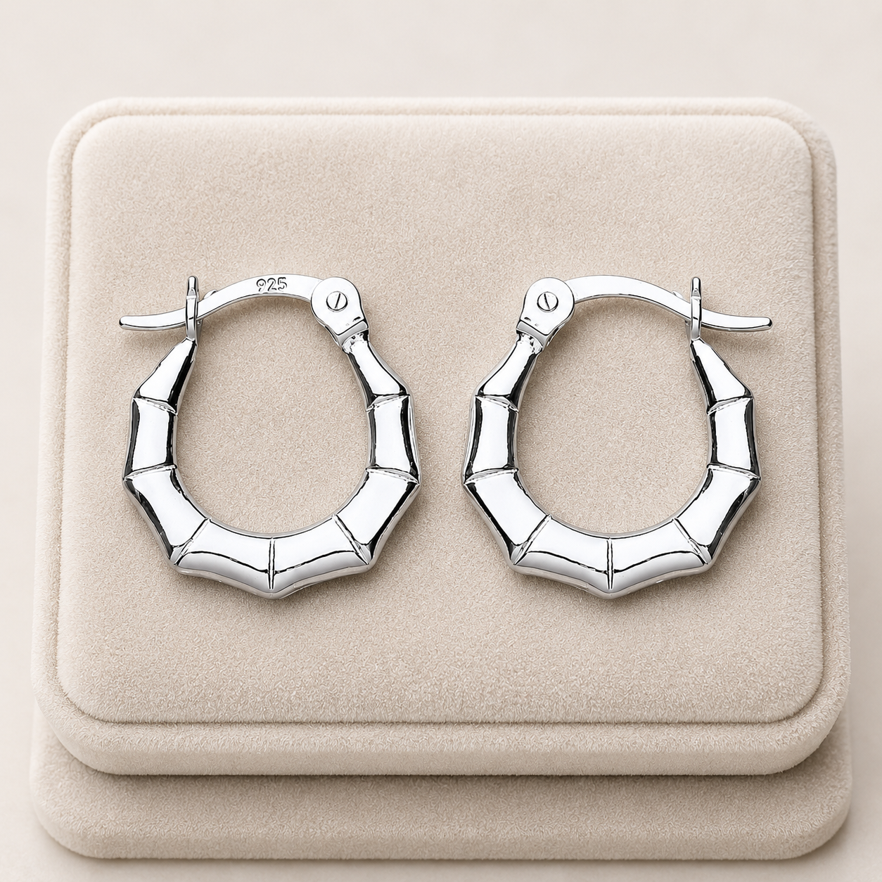 Bamboo Creole Hoop Earrings Polished 925 Sterling Silver 15mm