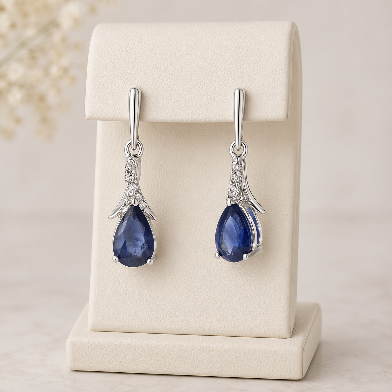 Natural Sapphire and Diamond Earrings Solid 9ct White Gold Teardrops Hallmarked