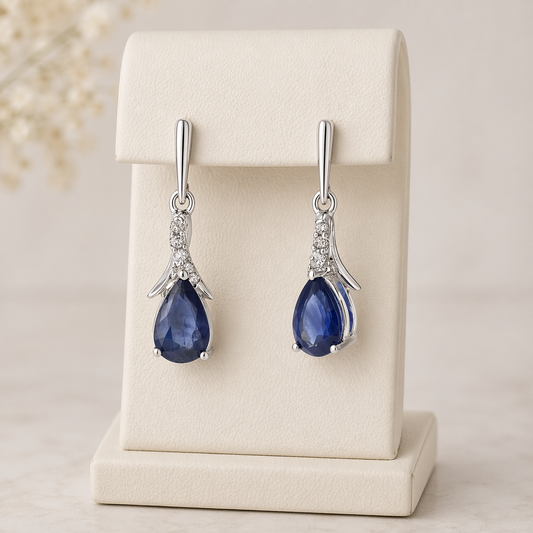 Natural Sapphire and Diamond Earrings Solid 9ct White Gold Teardrops Hallmarked