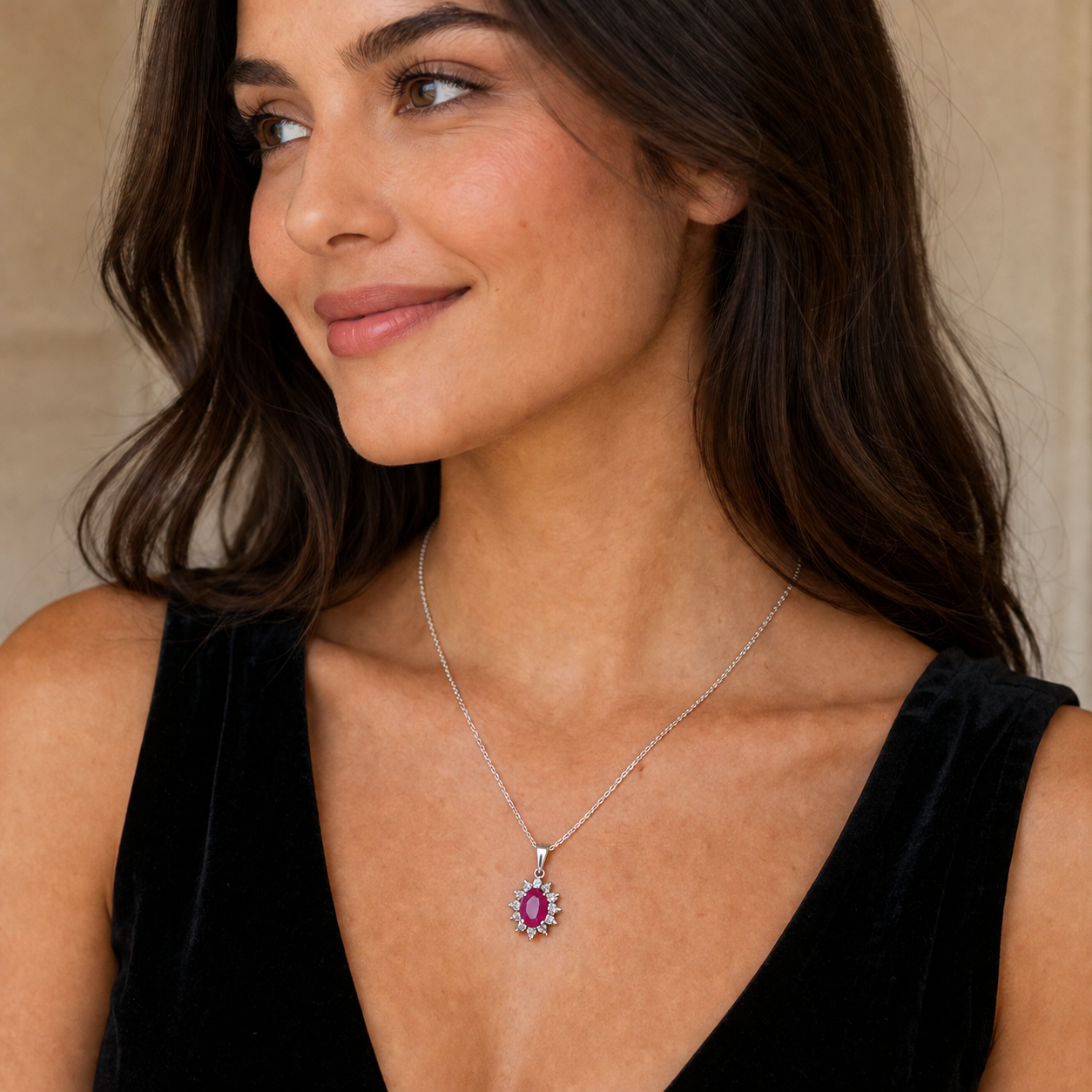 Ruby Oval Cluster Pendant With 0.15ctw Diamond 18ct White Gold 18" 46cm Chain
