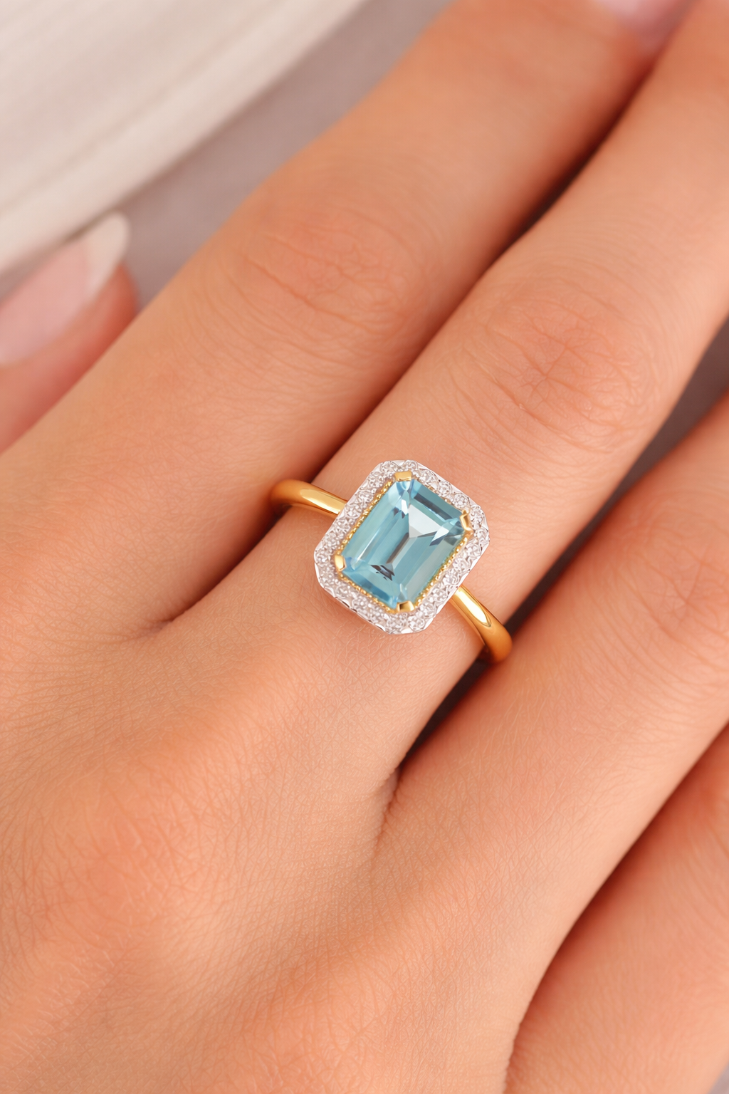 9ct Yellow Gold Blue Topaz and Diamond Ring Emerald Cut Cluster Size JKLMNOPQ