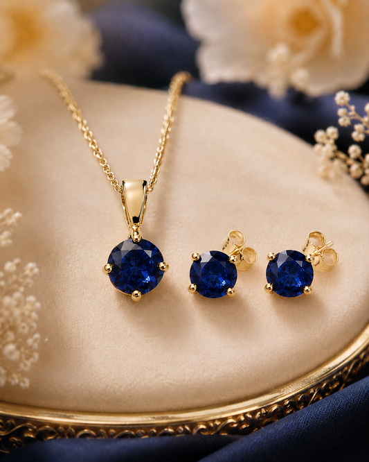 Classic Blue Sapphire Solitaire Pendant on Chain with Matching Stud Earrings