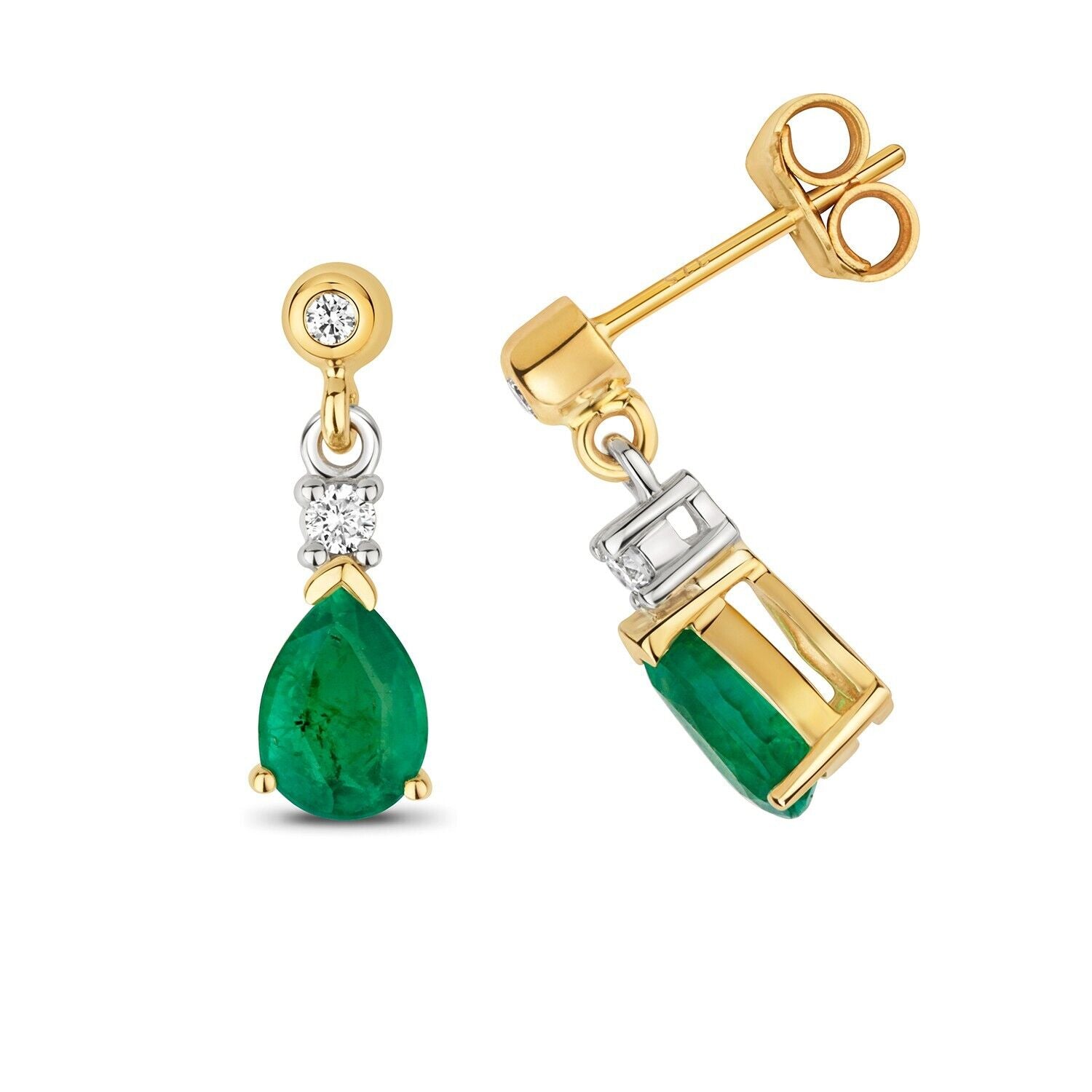 Emerald and Diamond Earrings 9ct Yellow Gold Teardrop Drops