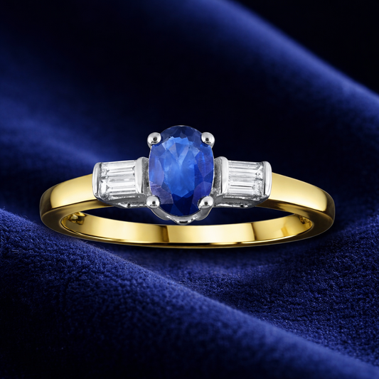 Sapphire and Baguette Diamond Ring 9ct Yellow Gold Oval Solitaire Hallmarked
