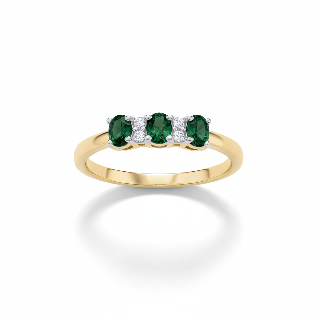 Emerald Three Stone Trilogy Ring 18ct Gold on Solid Sterling Silver Size K-S