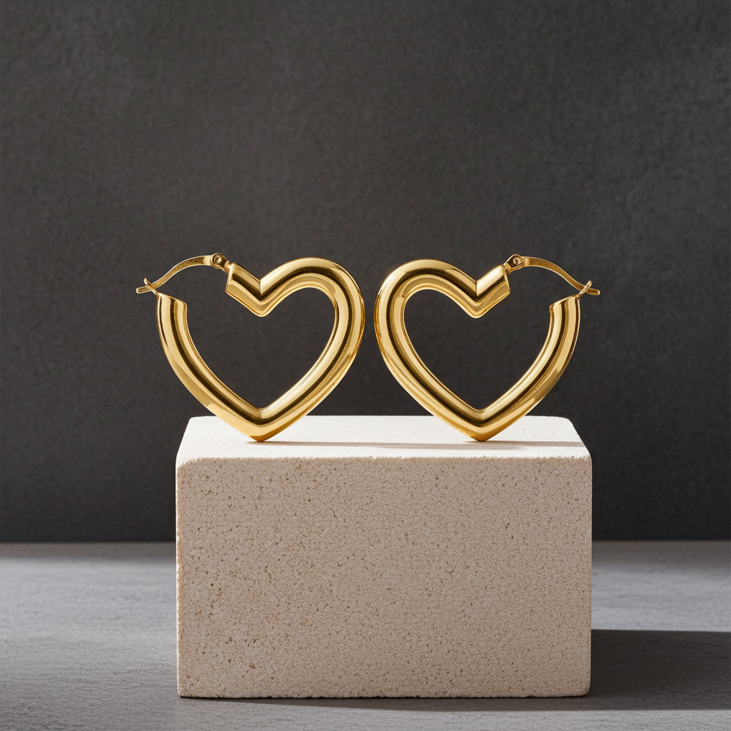 18ct Gold Heart Hoop Earrings on Solid Sterling Silver 30mm 925 Hallmarked