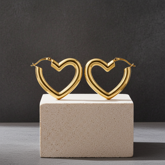 18ct Gold Heart Hoop Earrings on Solid Sterling Silver 30mm 925 Hallmarked