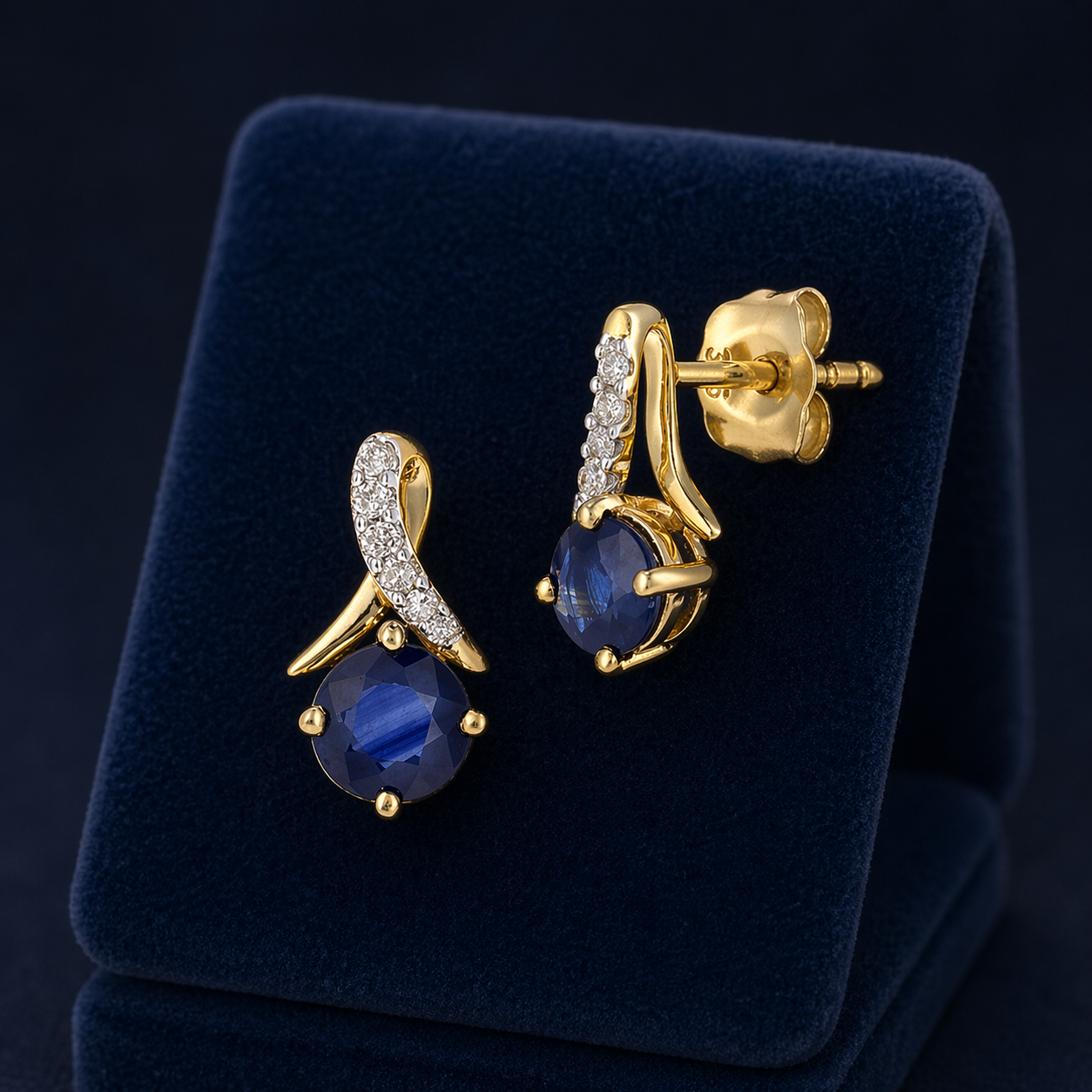 Natural Sapphire and Diamond Earrings Solid 9ct Yellow Gold Drops Hallmarked