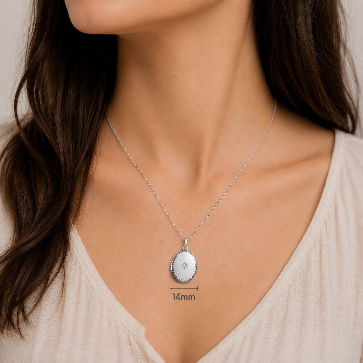 Oval Beaded Diamond Locket Pendant Solid Sterling Silver 18" Chain