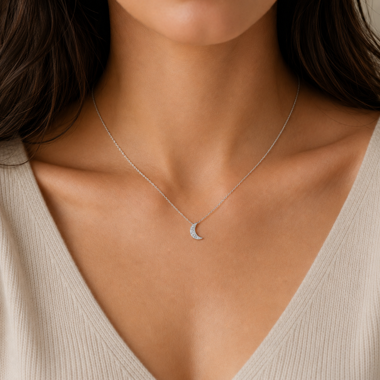 Natural Diamond Crescent Moon Pendant 9ct White Gold 18" Chain Hallmark