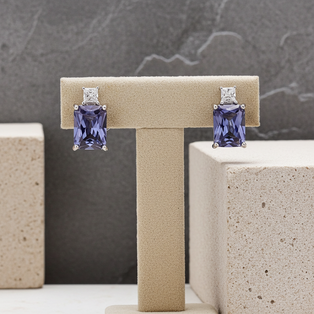 Tanzanite Stud Earrings Solid Sterling Silver 925 Hallmark Rhodium Finish
