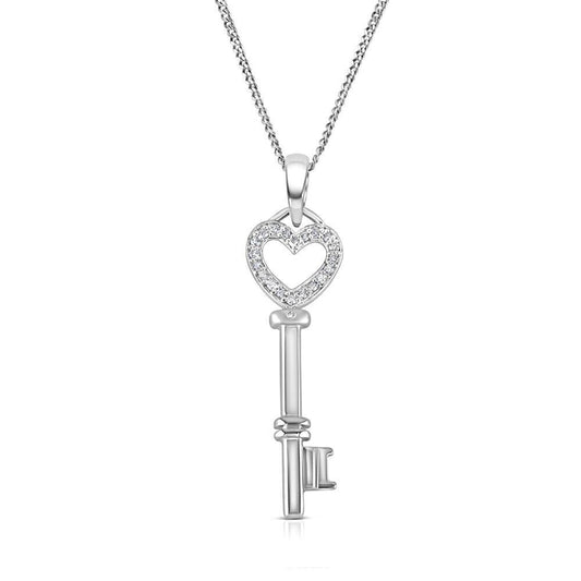 9ct White Gold 0.08ct Diamond Key Heart Pendant