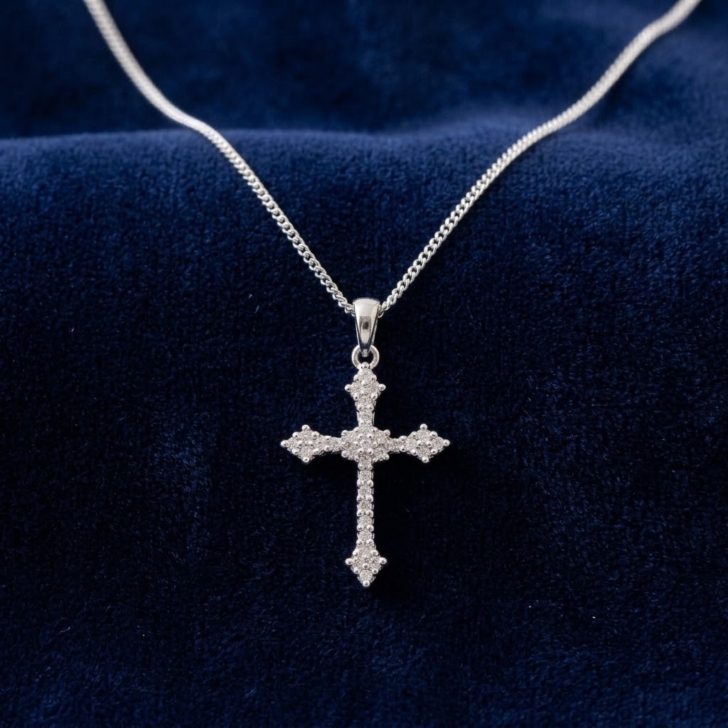 Women's Sparkling Diamond Cross Pendant Necklace White Gold 18" Chain