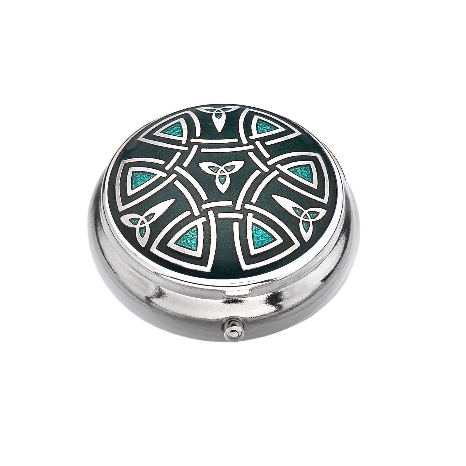 Pillbox Silver Plated Celtic Trinity Design Green Brand New and Boxed 