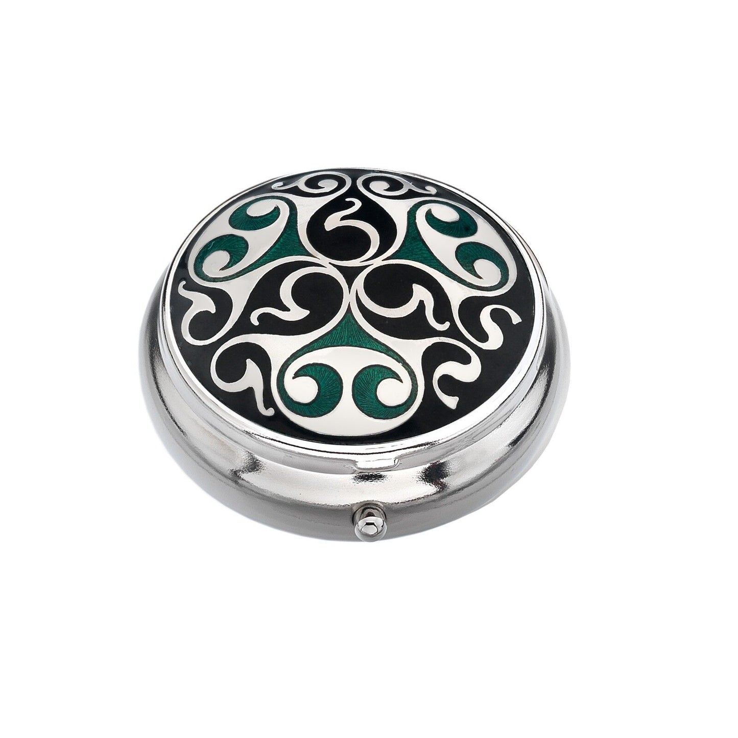 Pillbox Silver Plated Medieval Scrolls Green and Black Brand New and Boxed