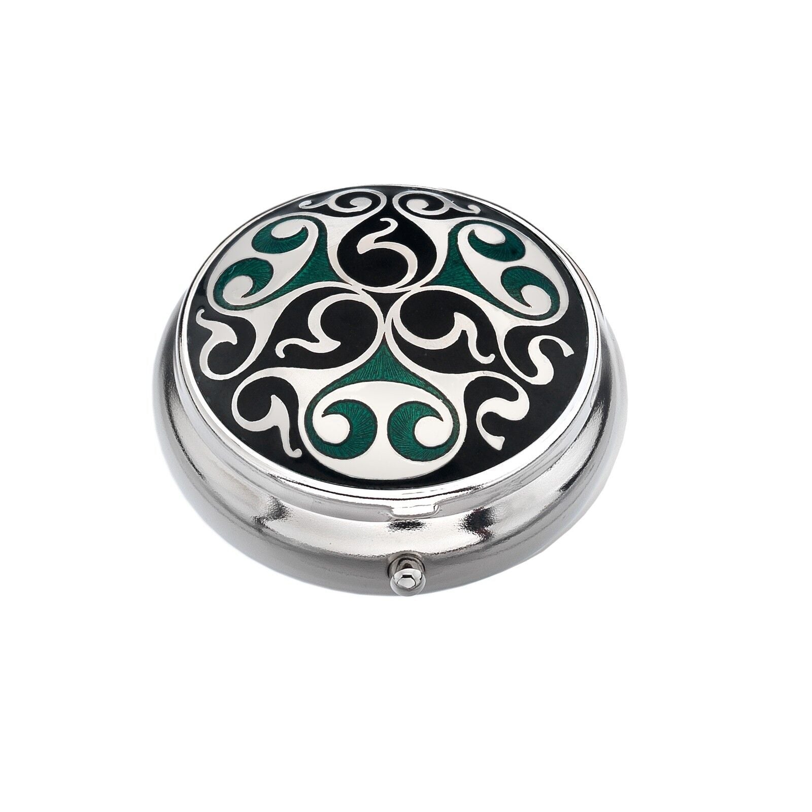 Pillbox Silver Plated Medieval Scrolls Green and Black Brand New and Boxed