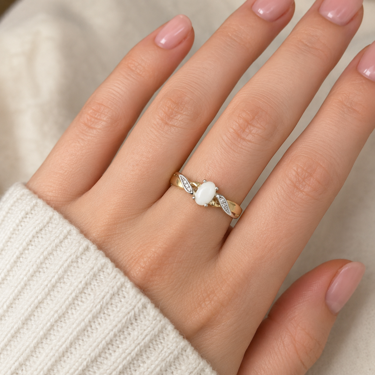 Opal & Diamond Oval Gemstone Ring Two Tone Yellow & White Gold Hallmarked