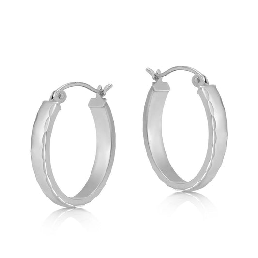 White Gold Oval Hoop Earrings 20mm Diamond Cut Hoops Hallmarked
