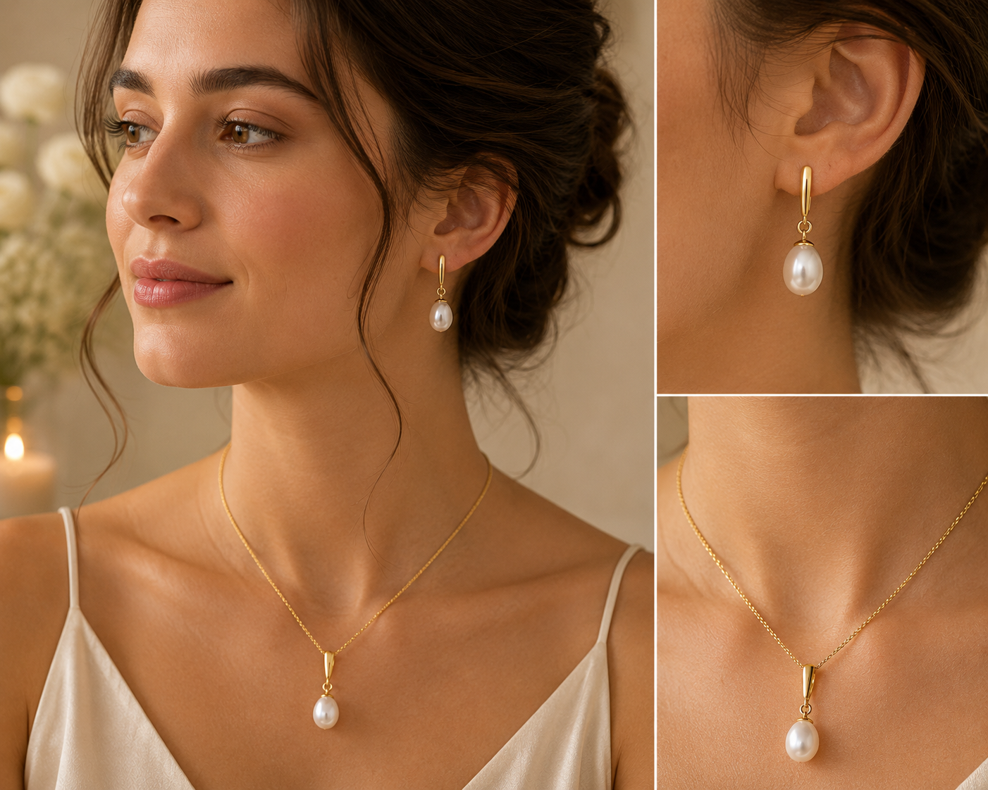 Freshwater Pearl Jewellery Set Yellow Gold Pendant Necklace & Matching Earrings
