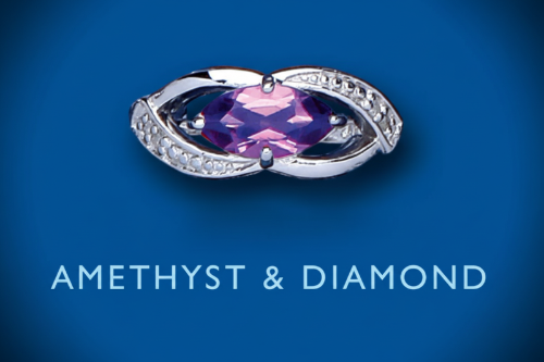 Jewelry with purple gemstone and diamond accents on a blue background