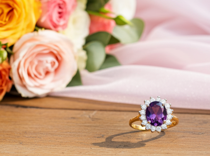 18ct Gold Amethyst Cluster Ring on Solid Sterling Silver 925 Hallmark Sizes J-V