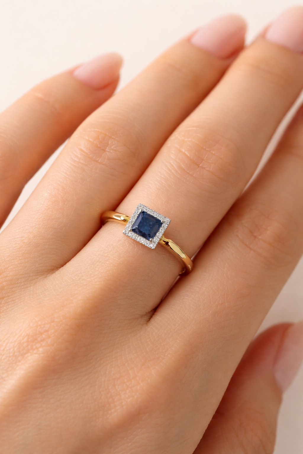 Sapphire and Diamond Square Cluster Ring 9ct Yellow Gold Size J - Q