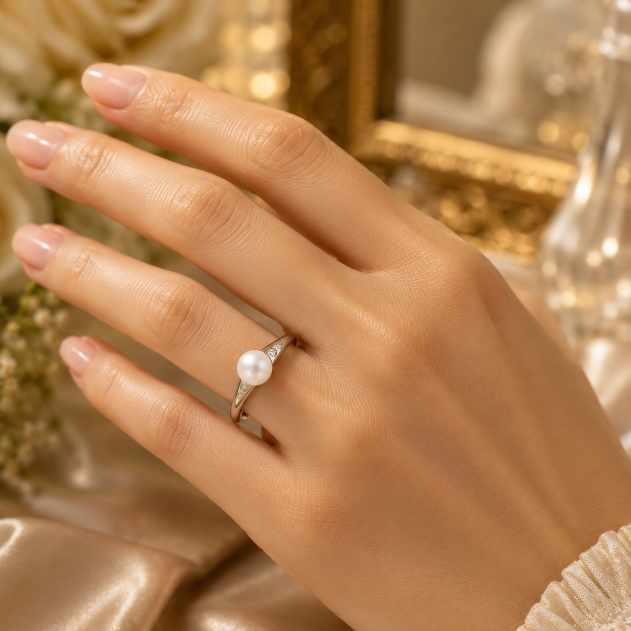 Minimalist Freshwater Pearl Ring – Solid White Gold With Diamond Accents