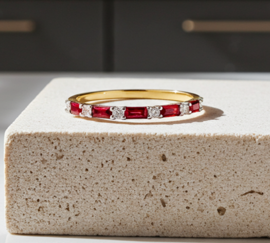 18ct Gold Ruby Baguette Eternity Ring on Solid Sterling Silver 925 Hallmark