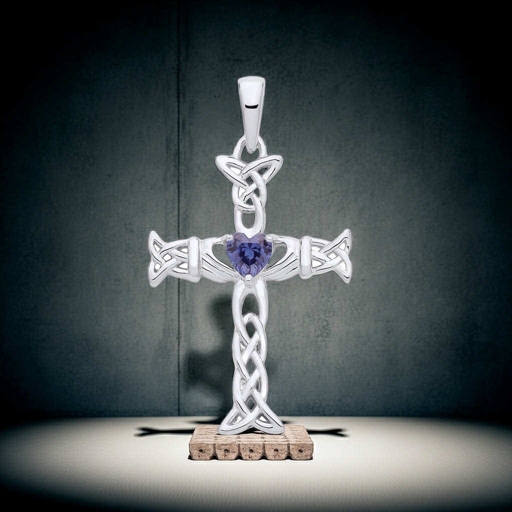 Tanzanite Claddagh Celtic Cross Pendant Solid Sterling Silver 18" Chain 925