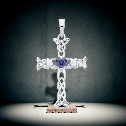 Tanzanite Claddagh Celtic Cross Pendant Solid Sterling Silver 18" Chain 925