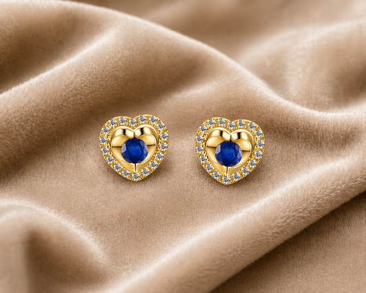 Natural Sapphire and Diamond Heart Earrings Solid 9ct Yellow Gold Hallmarked