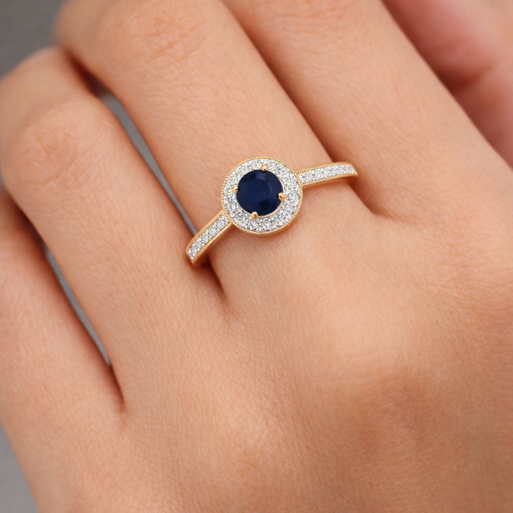 Real Sapphire and Diamond Ring 9ct Yellow Gold Round Cluster Halo Engagement
