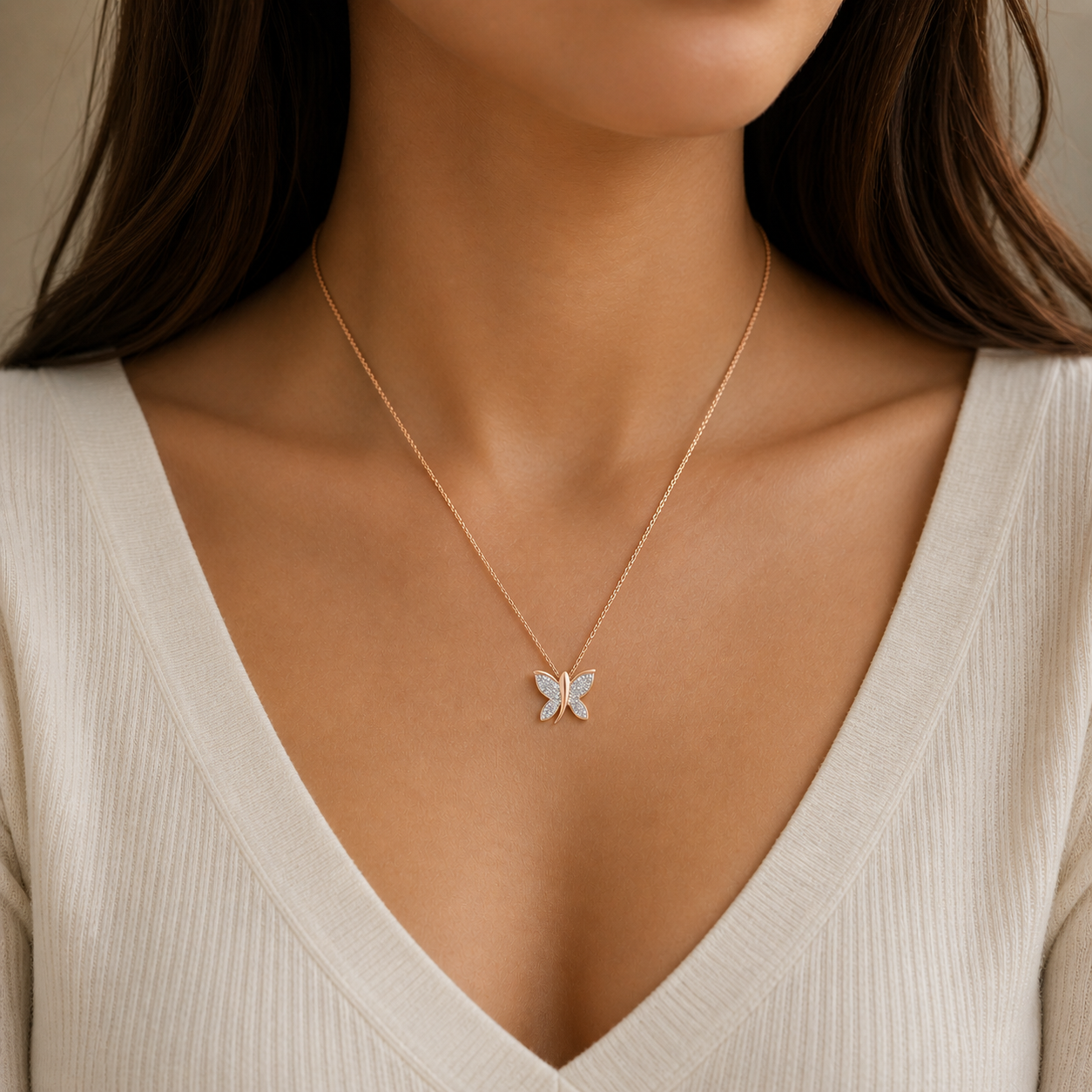 Natural Diamond Butterfly Pendant 9ct Rose Gold 18" Chain Hallmark British Made