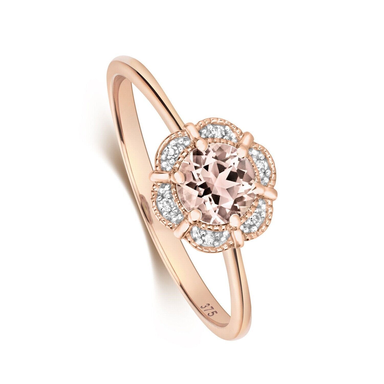 Real Morganite and Diamond Ring Solid Rose Gold Round Cluster Size J - Q