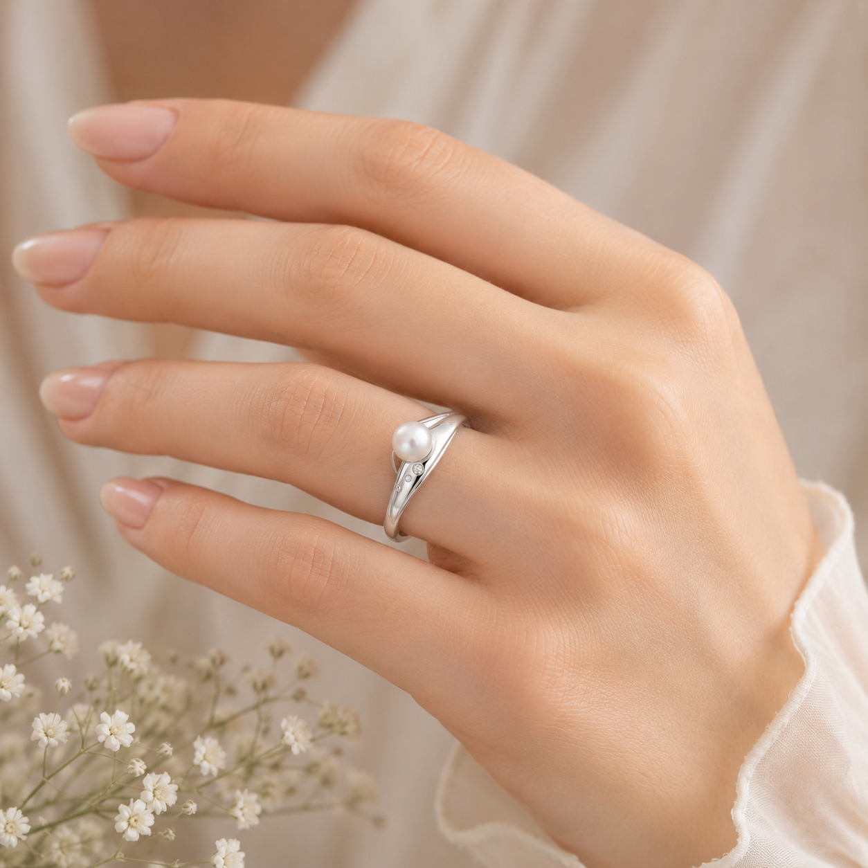 Modern Freshwater Pearl and Diamond Ring – Solid White Gold Hallmarked