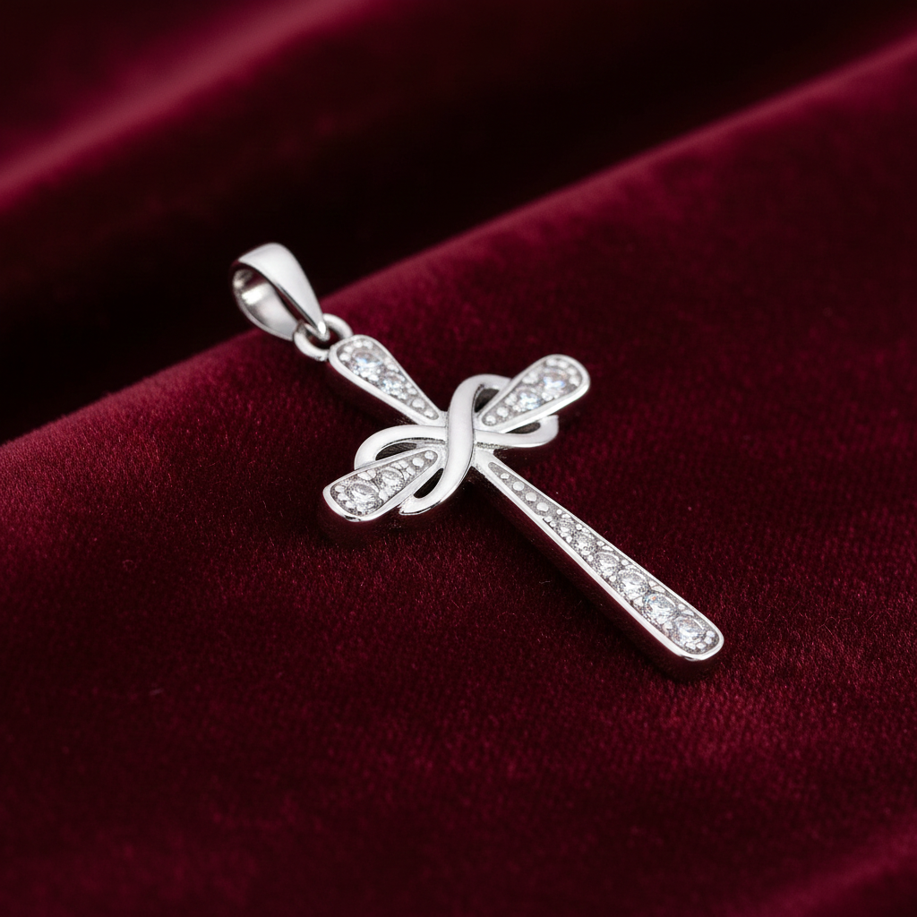Sterling Silver Infinity Cross Pendant  925 Hallmark Rhodium Finish 34mm