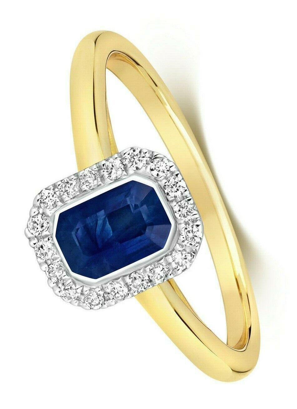 Real Sapphire and Diamond Ring 9ct Yellow Gold Octagon Cluster Size J - Q