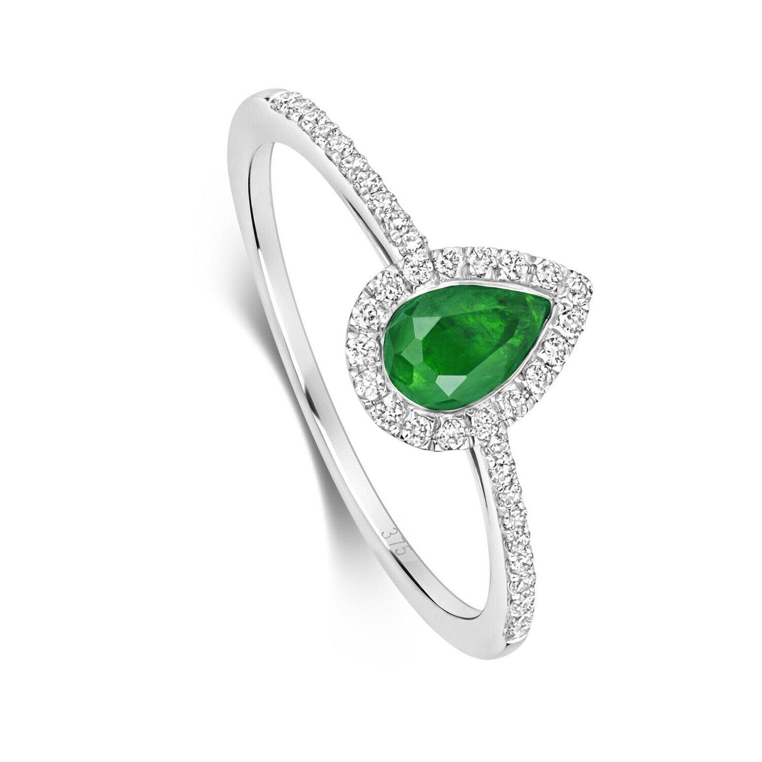 Real Emerald and Diamond Pear Ring 9ct White Gold Teardrop Cluster Size J - Q