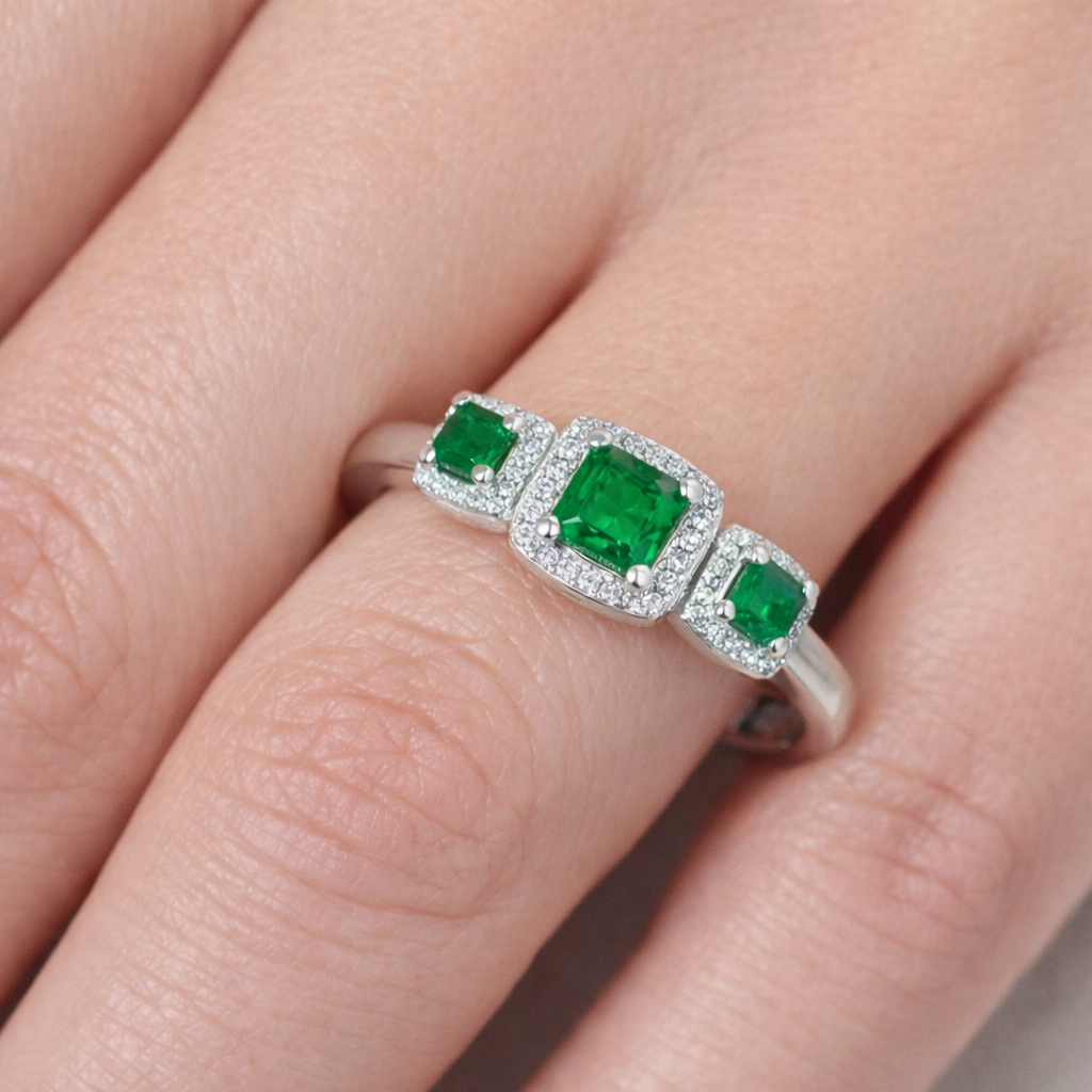 Emerald and Diamond Ring 9ct White Gold Hallmarked Three Stone Engagement