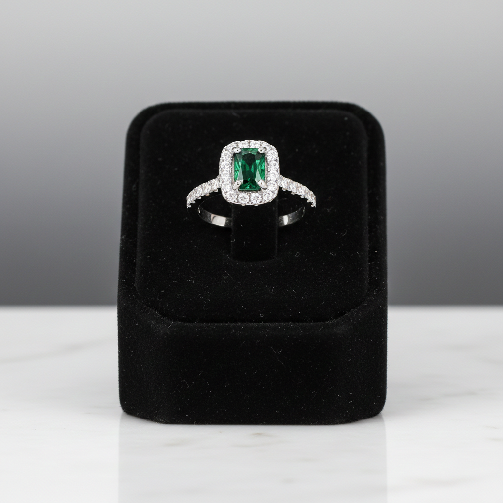 Sterling Silver Emerald Ring Rectangular Halo Engagement 925 Hallmark Size K-S