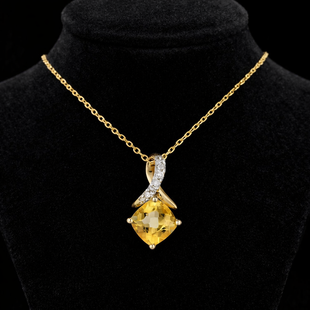 Citrine Cushion Pendant Diamond Kiss Solid Yellow Gold 18" 46cm Length Chain