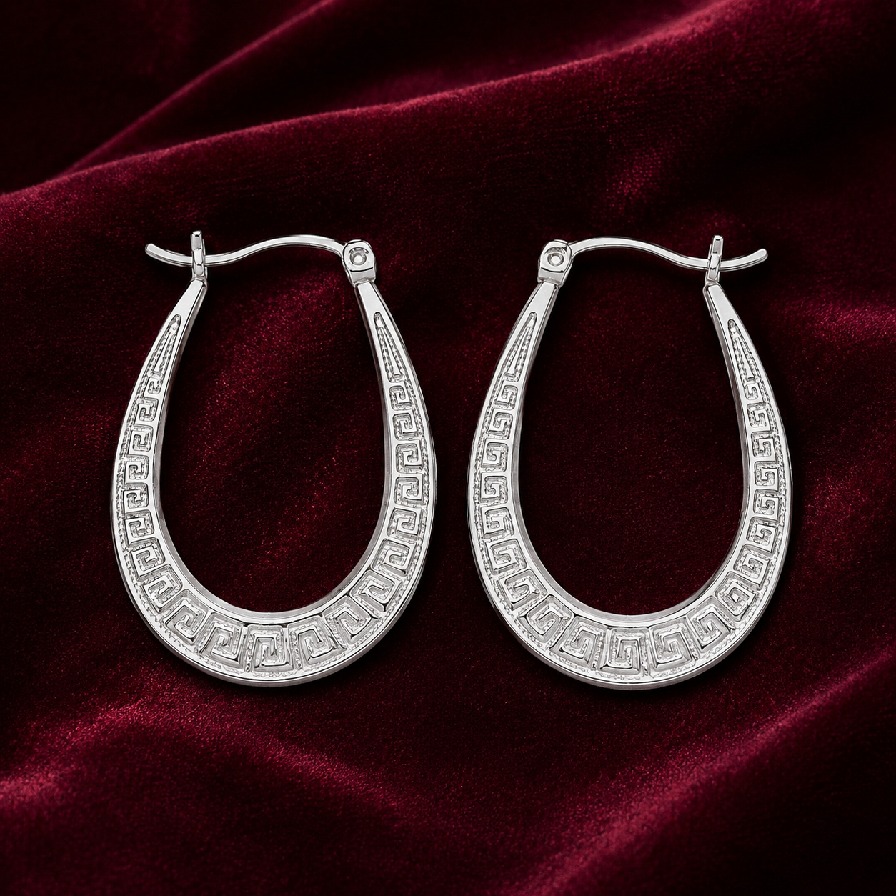 Greek Key Oval Creole Hoop Earrings Sterling Silver 925 32mm