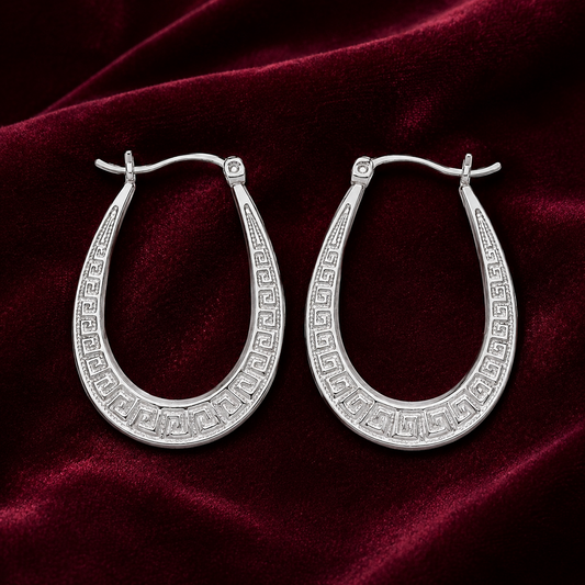 Greek Key Oval Creole Hoop Earrings Sterling Silver 925 32mm