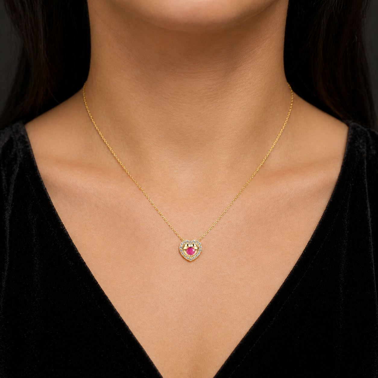 Ruby Heart Necklace With Diamond Solid Yellow Gold 18" 46cm Length Chain