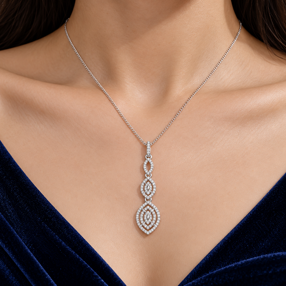 Diamond Marquise Drop Pendant Necklace in White Gold – 18" Chain Real Diamonds