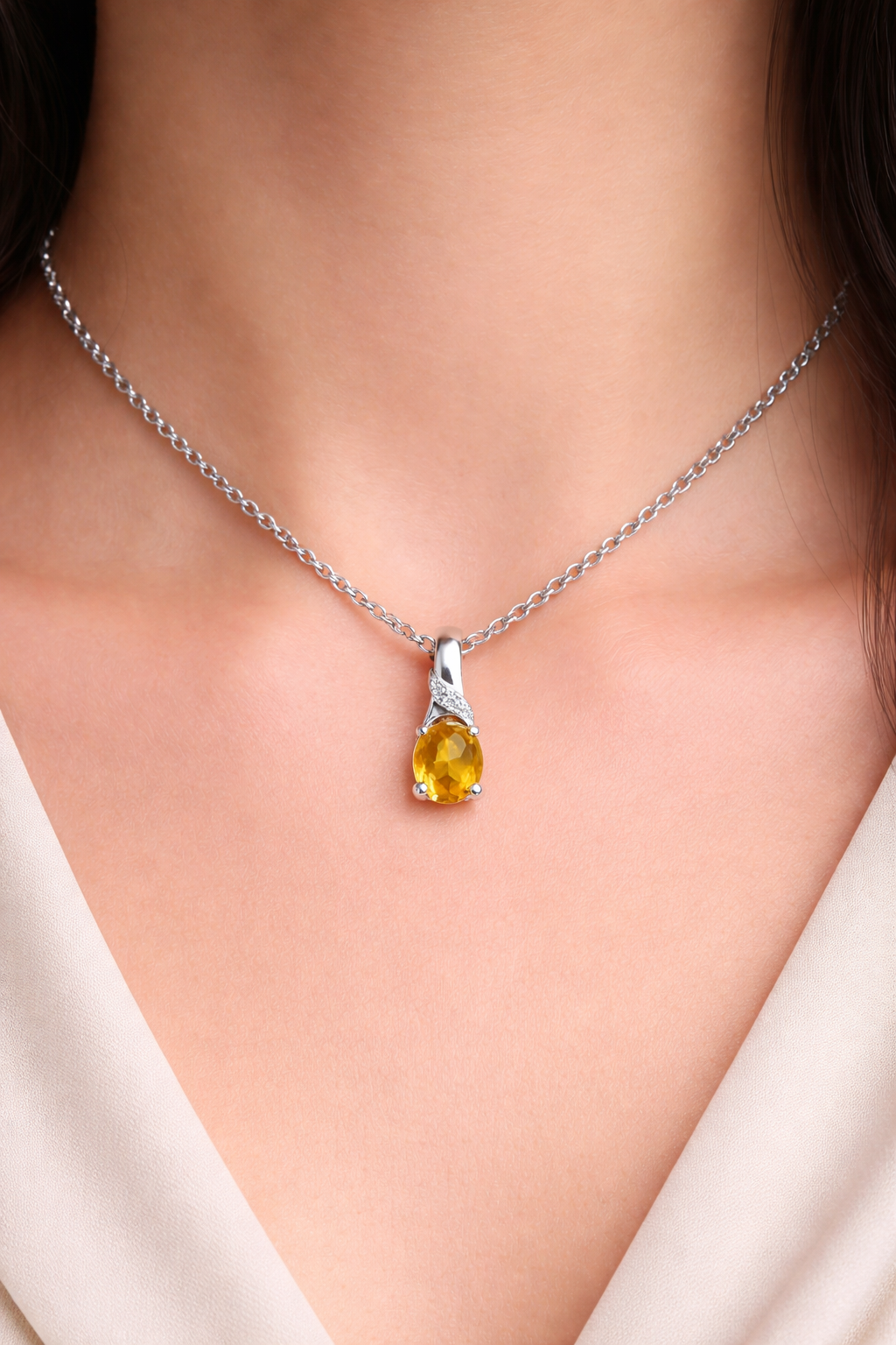 Citrine Oval Solitaire Pendant & Diamond Solid White Gold 18" 46cm Length Chain