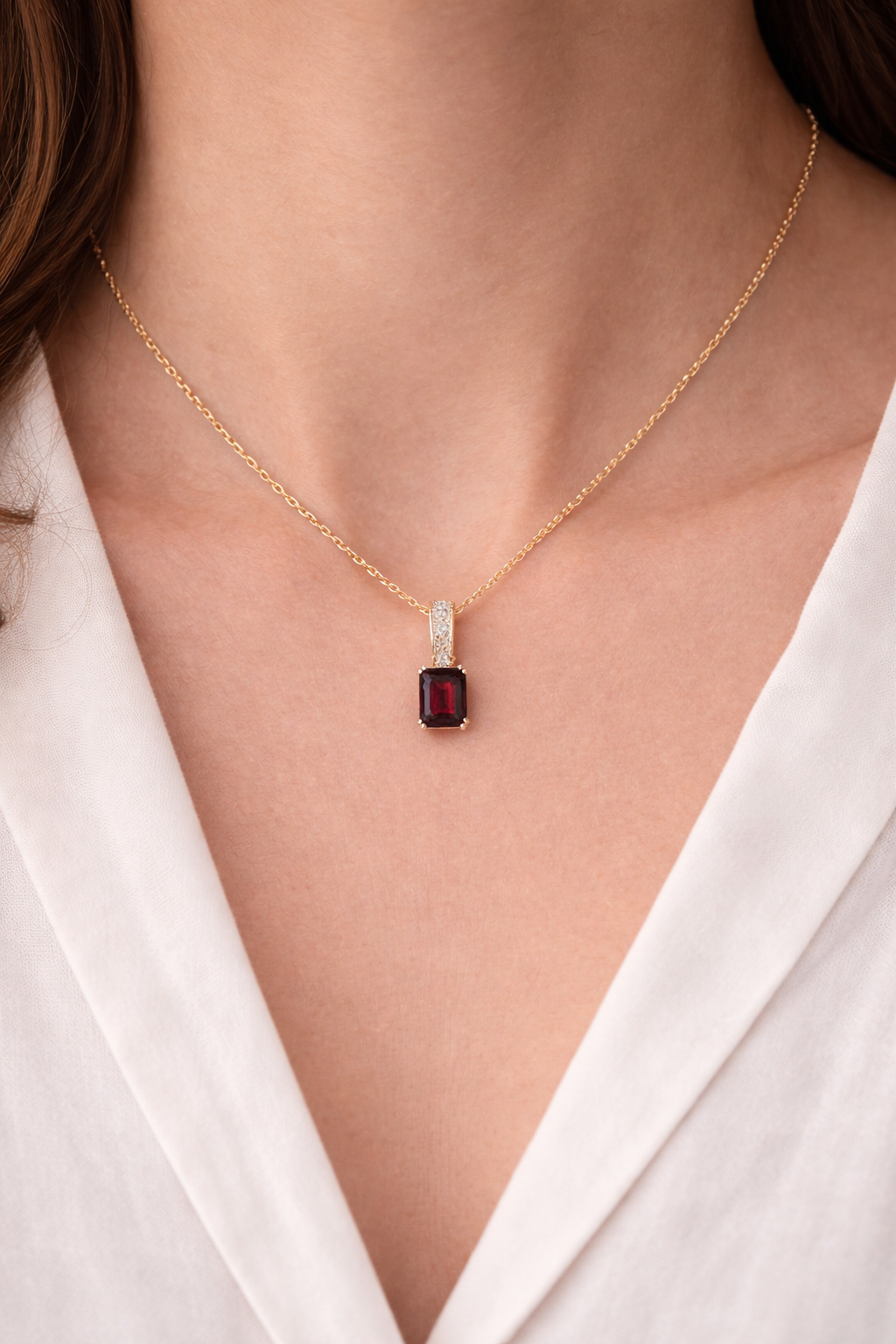Natural Garnet Pendant With Diamonds 9ct Yellow Gold 18" 46cm Length Chain
