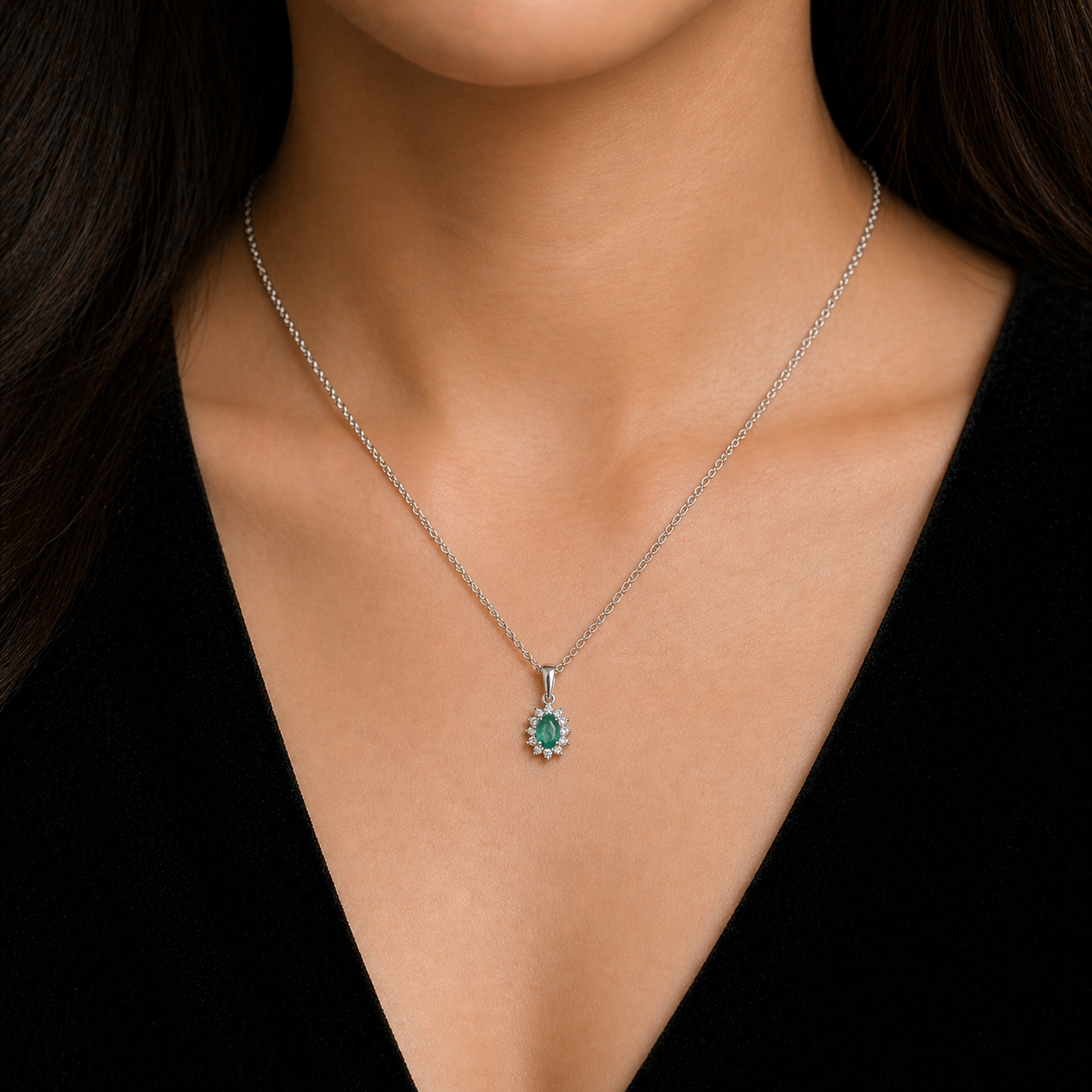 Emerald Oval Cluster Pendant With Diamonds 18ct White Gold 16" 41cm Length Chain
